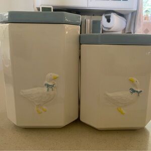 Set of 2. Vintage Duck Embossed Ceramic Canisters with Blue Lids